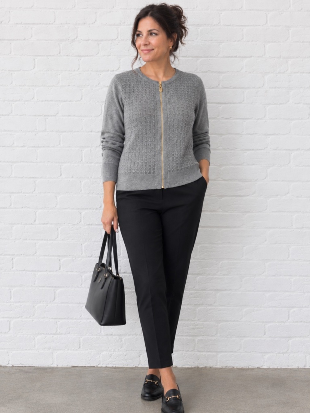 Amore Rose Gray Full Zip Textured Knit Cardigan Sweater Size Small Gold Hardware